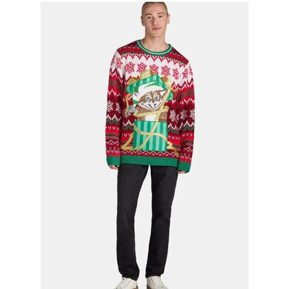 Holiday Time Mens XL Long Sleeve Christmas Sweater Drink Pocket & Fun Cat Design - Picture 4 of 7